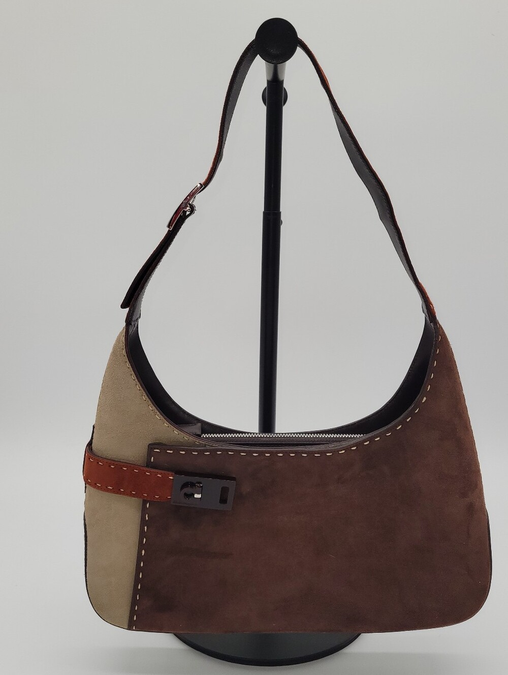 Ferragamo Suede Stiched Patchwork Arch Gancio Shoulder Bag